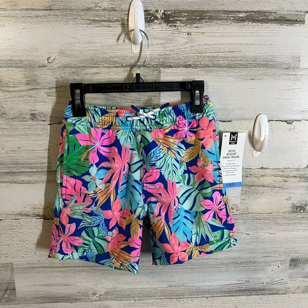 Boys Makers Market Blue and Pink Tropical Swim Trunks